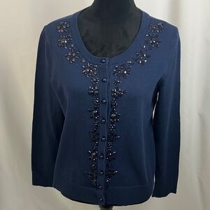Charter Club Navy Blue Embellished Cardigan Sweater Women’s Size Large